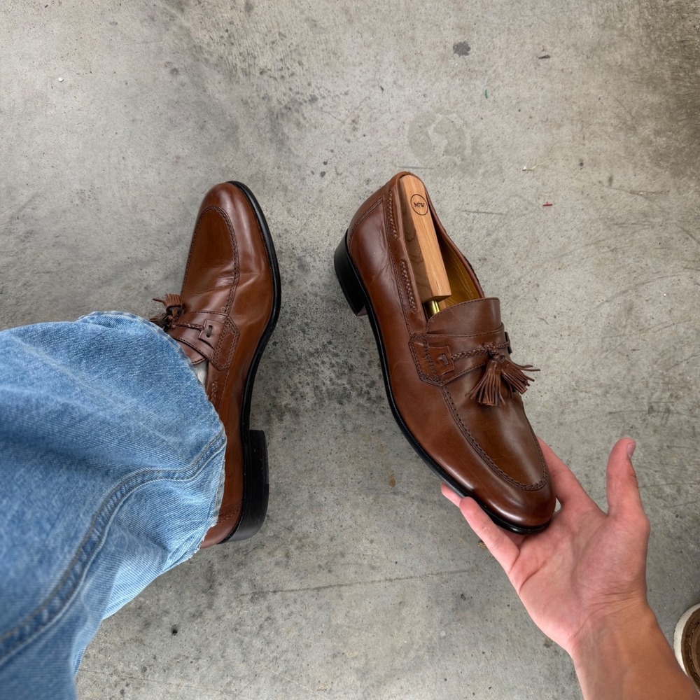 Vintage Polished Johnston & Murphy Mens Brown Leather Tassel Loafers Size 11 M